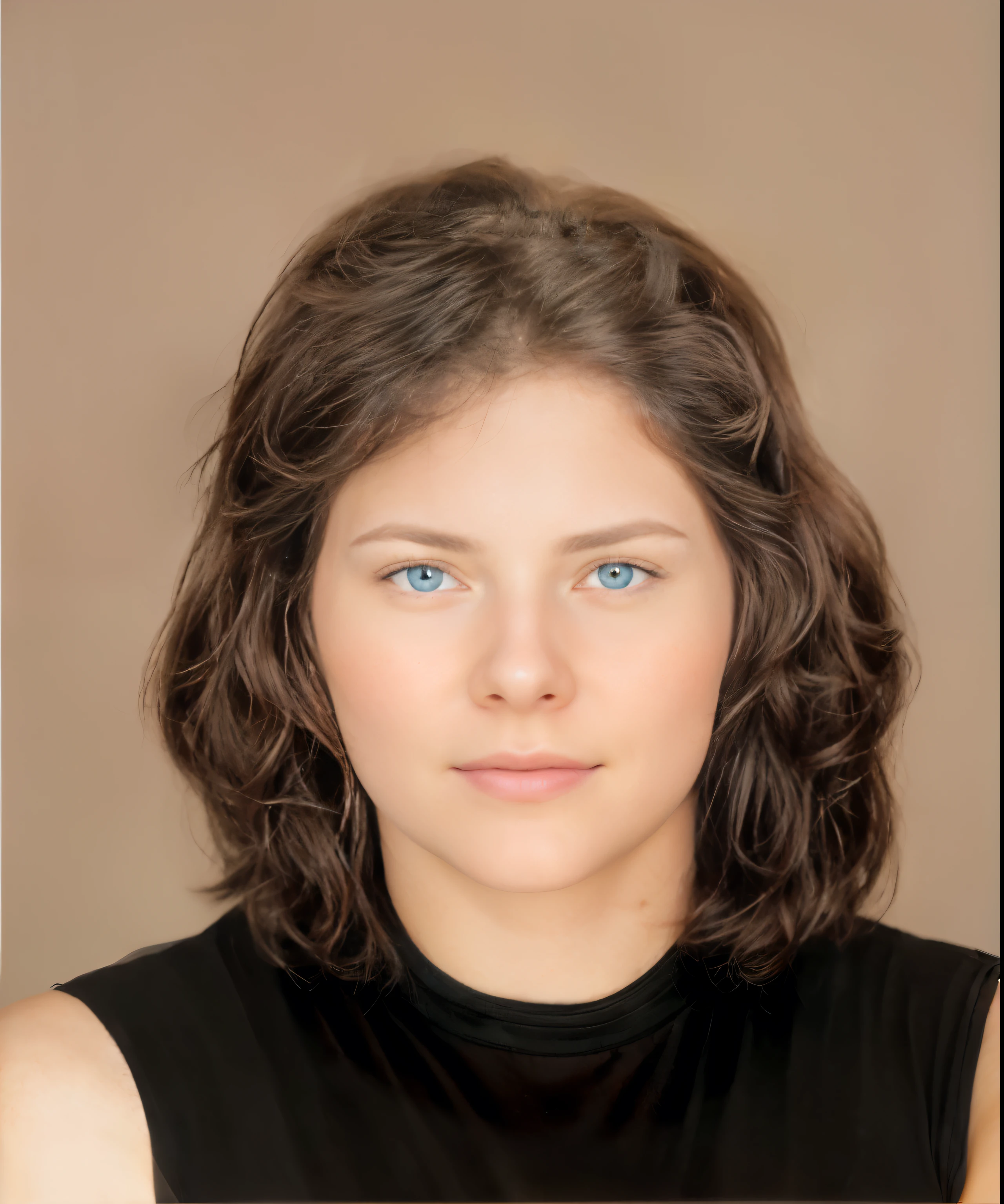 arafed mulher with blue eyes and a black top, realistic studio portrait, transformation portrait, rosto feminino jovem, headshot portrait, retrato de rosto inteiro, rosto renderizado realisticamente, detailed retrato colorido, rosto restaurado realista, retrato fotoreal, retrato colorido, colorful studio portrait, retrato hiper-detalhado, highly detailed photographic portrait, mulher / cat hybrid, foto de retrato realista