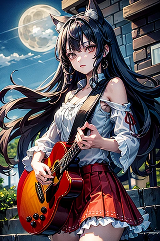 A beautifull wolfgirl rocker, red and long hair, gray eyes, perfect eyes, perfect body, playing guitar, moonlight background
