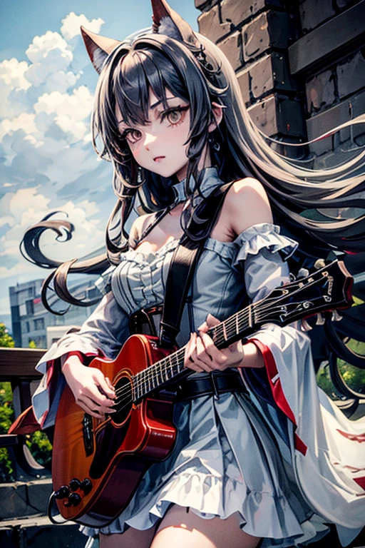 A beautifull wolfgirl rocker, red and long hair, gray eyes, perfect eyes, perfect body, playing guitar, moonlight background