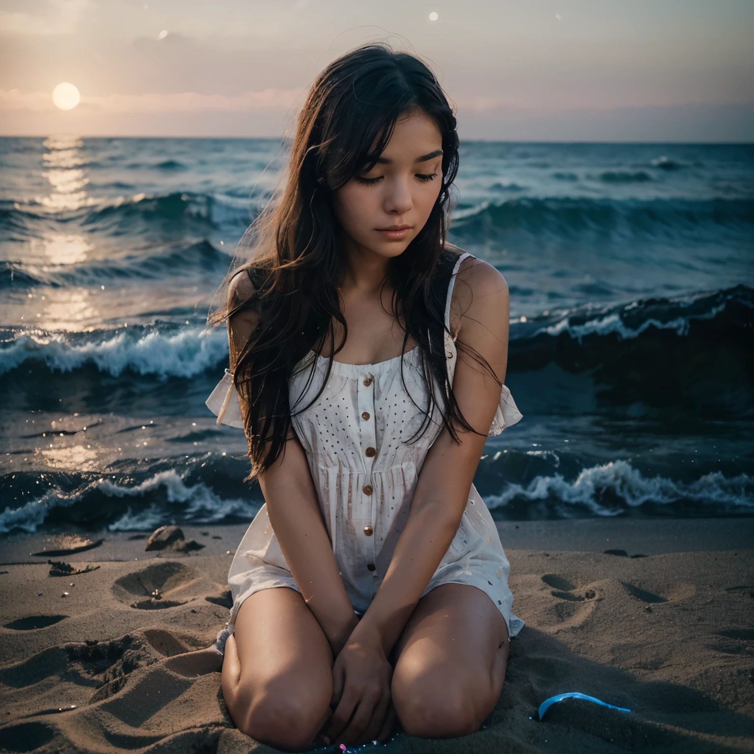 a girl sitting on the ground near the beach at night. The moonlight gently illuminates the sand and waves crashing in the background. The night sky is dotted with twinkling stars, creating a peaceful and serene atmosphere. The girl seems to be lost in thought.