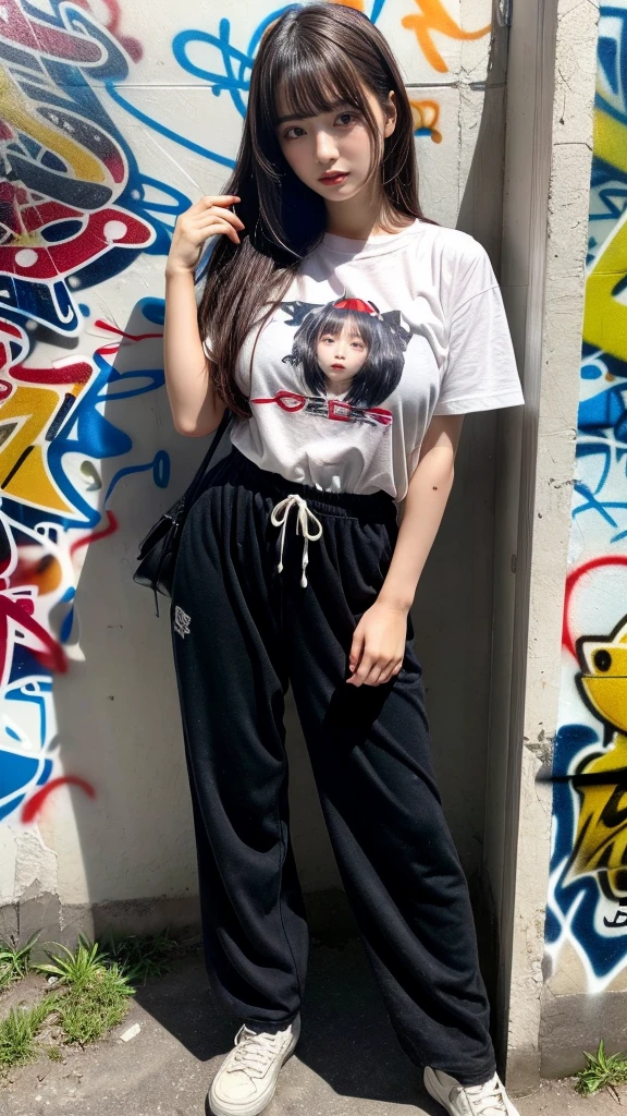 muster piece, best quality, illustration, Super detailed, fine details, High resolution, 8K,wall paper, perfect dynamic composition,(Details High quality, realistic depiction of eyes:1.3), (Japanese teenage girl standing in a dirty back alley at night, graffitied wall:1.1), (wearing a tattered and dirty t-shirt.:1.1), Wearing baggy pants, dirty body, black hair color, Big Natural Color Lip, seductive face, provocative look, crying a little、cold gaze, Harajuku style、(graffiti), night time, 20 year old girl、cute type、lolita, Gravure Idol, full body photo、focus on crotch, (huge breasts)
