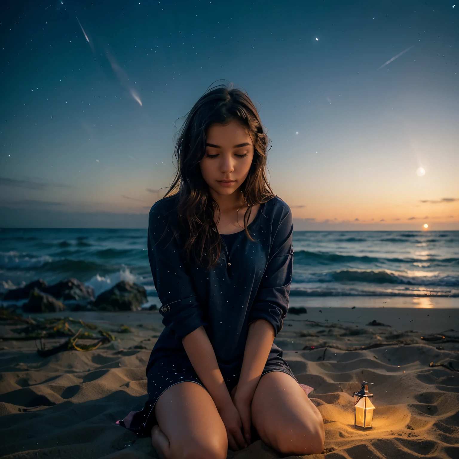 a girl sitting on the ground near the beach at night. The moonlight gently illuminates the sand and waves crashing in the background. The night sky is dotted with twinkling stars, creating a peaceful and serene atmosphere. The girl seems to be lost in thought.