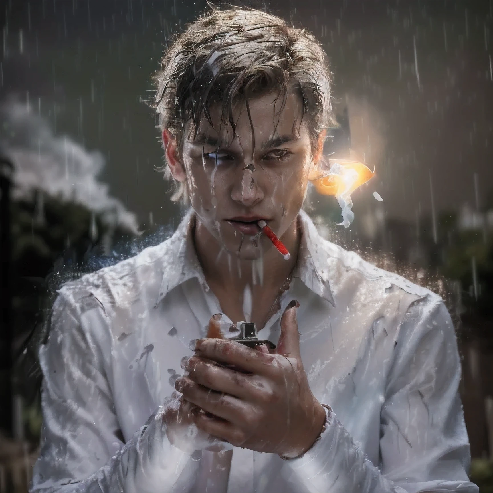 Create a 3D illusion in which a 19 years old boy is the hero, who has killed 4-5 villains due to which his white clothes are completely soaked with blood, and he is holding a cigarette in his mouth with full attitude, and in one hand he is seen lighting a cigarette with a lighter, the boy's face is shining in it, and the other hand is in his pant pocket, and there is light rain. 4k realistic image