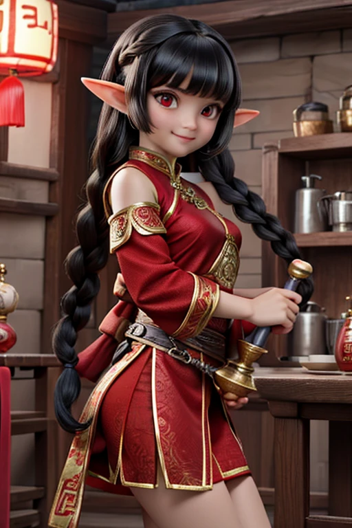 black hair with bangs, Chinese braid hairstyle, red eyes, smiling, girl, 4K, cute, holding a hammer, elf, Short body, 