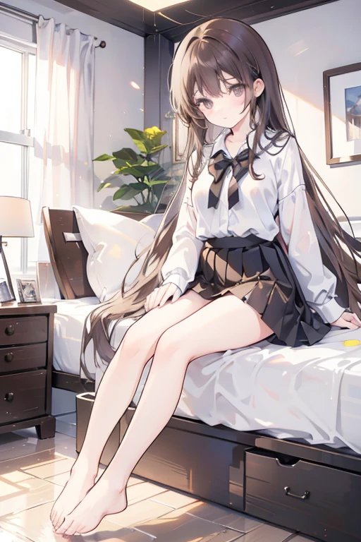 Italian girl, 25 years old, very long brown hair, busty, wearing a small shirt, wearing a black pleated miniskirt, hair covering her breasts, bare feet, bedroom