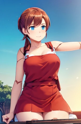 A Female robot is sleeping in the book, spread legs, nude, banzai pose. she wears no dress. She Brown short hair is tied with two big red clothespins, She lifts up the under hem of her white plain dress, leaning over, masterpiece, very short pigtails,brown hair, mature, android, blue eyes, full body figure, Height: 160cm, flushed cheeks, 2020s anime picture, A beautiful robot with short brown hair in two short pigtails held up by two very large huge red clothespins, Uplifting, No NSFW, whole body, barefoot, archaic smile, getting orgasm, 25 years old, sweat bucket.