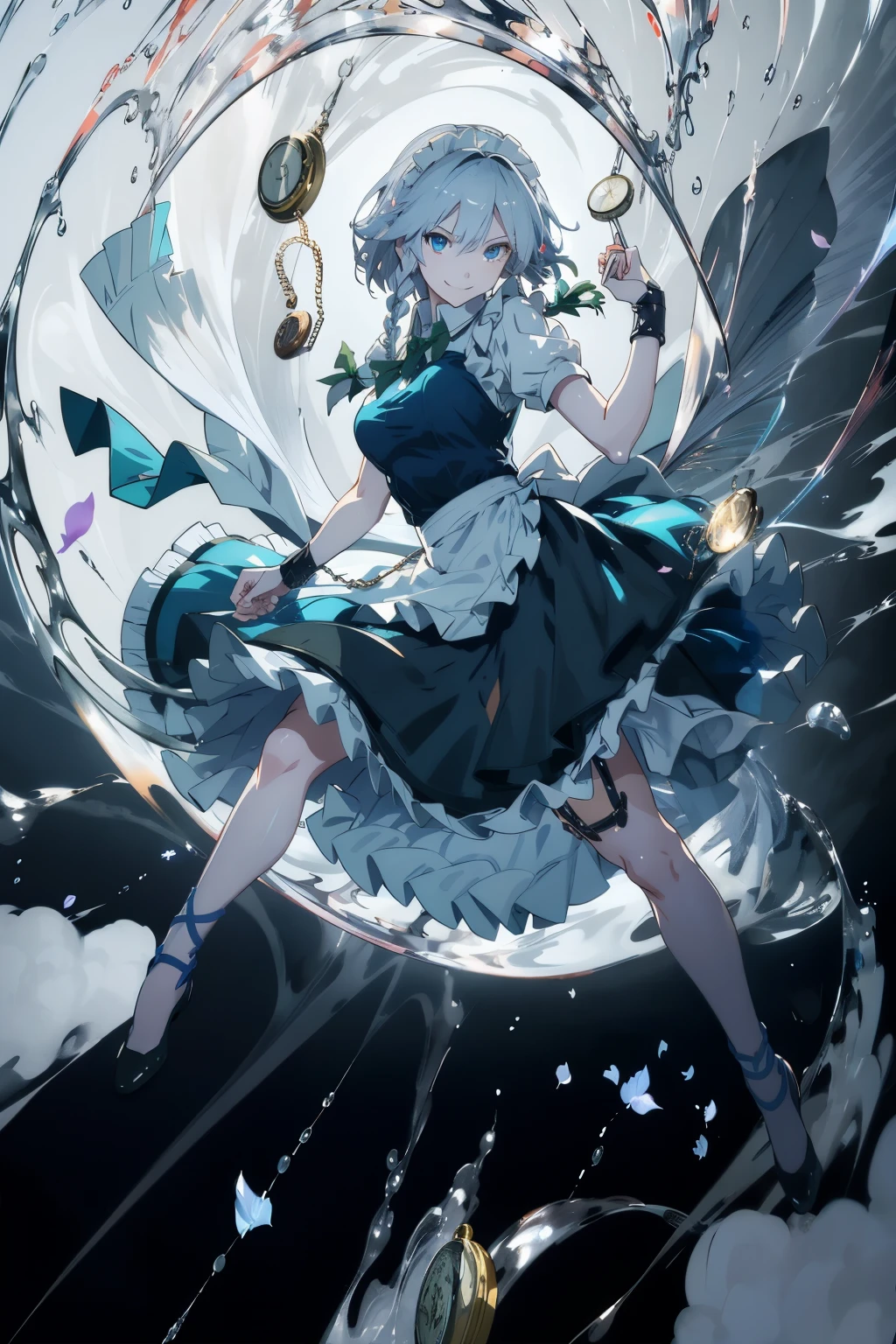 masterpiece, best quality, illustration, 1girl, solo, Izayoi Sakuya, (white short hair), maid headband, sharp eyes, (vivid color), light, thick smoke:1.6, (floating white ink:1.8), Cyan flame, (beautiful and clear background:1.25), (depth of field:0.7), Dreamlike, (highres:1.2), (ultra-detailed:1.2), (extremely detailed CG unity 8k wallpaper:1.2), (traditional media), (sketch:1.1), finely detailed beautiful eyes and detailed face, Knives, (flying petals:1.2), (evil smile:1.5), (knives in right hand and pocket watch in left hand:1.3), Knifefight, dynamic colors, colorful, dynamic pose, dynamic angle, (full body:1.5), Touhou, knife, holding Knives, izayoi sakuya, medium breasts, (detailed eyes), cute, beauty, HDR, 4K, nier anime style, harmony, fighting stance, izayoi sakuya