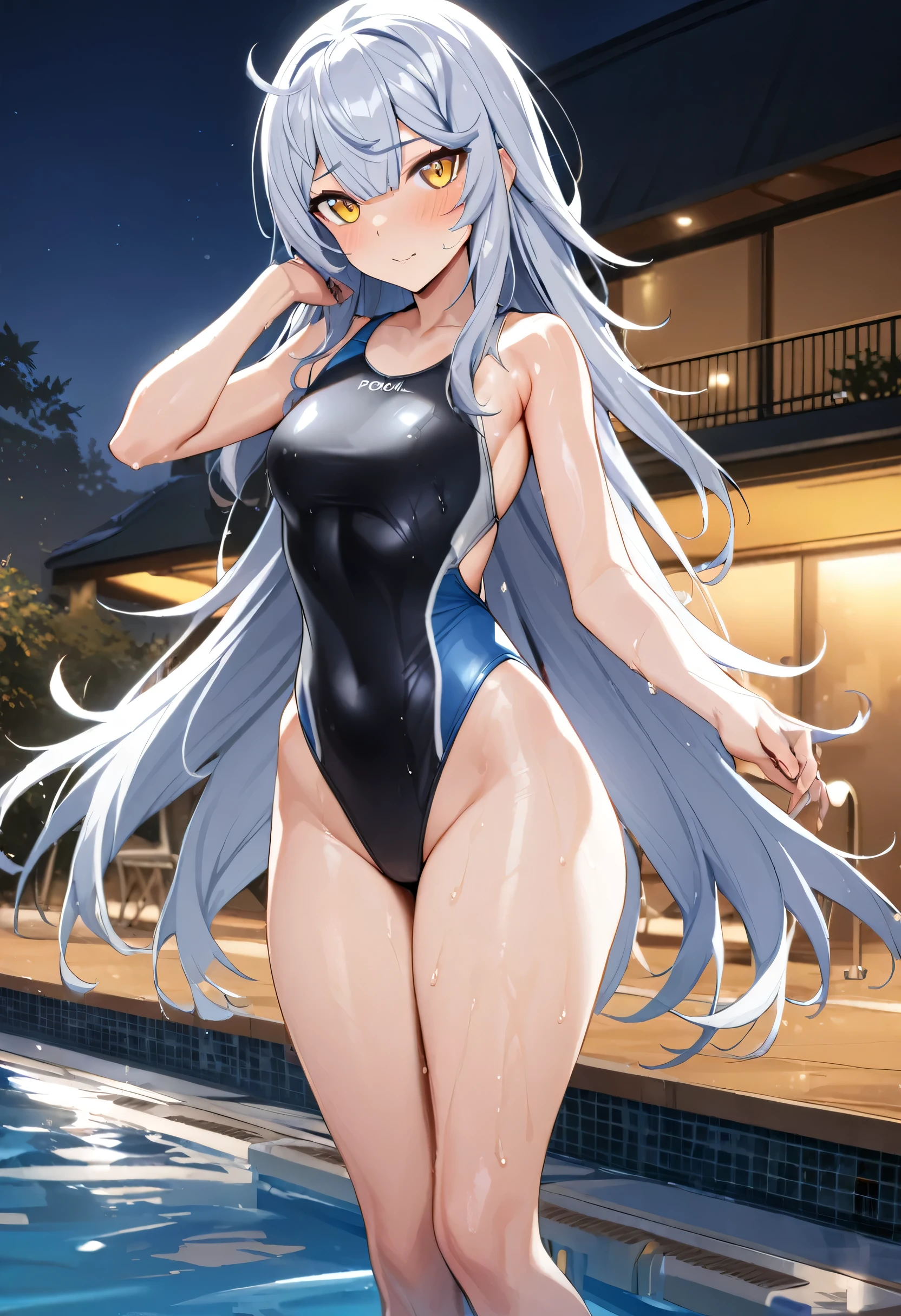 1girl, gaeun \(counter:side\), counter:side,
hololive, solo, looking at viewer, full body, standing,
yellow eyes, white hair, long hair, competition swimsuit, wet skin,
masterpiece, best quality, very aesthetic, absurdres,
pool, night,