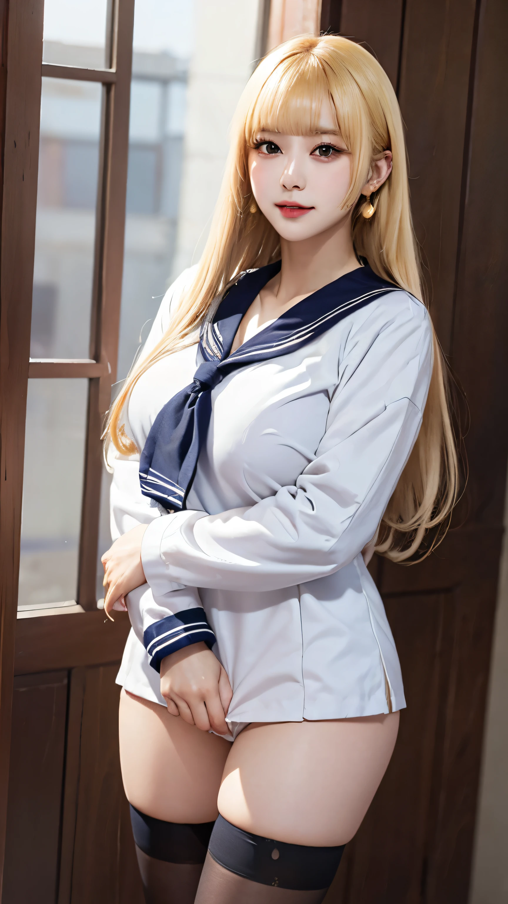 ((masterpiece:1.2、highest quality))、1 female、alone、classroom、Day、(Korean Idols:1.2)、(Are standing:1.4)、blonde、(Hime Hair:1.4)、Wavy Hair、Medium Hair、Beautiful thick muscle legs、break、((Sailor suit:1.4))、(burnt skin:1.4)、(sagging massive Breasts:1.5)、(black tights)、Hoop Earrings、corset、lipstick、Pleated mini skirt、Ring Choker、blush、smile、Covered breasts、(Thick lips:1.2)、Detailed body、Very detailed art, Luminism、4K resolution、3D Rendering、Exquisitely crafted , Cinematic、Realistic、Hit definition、Abstract Beauty、Approaching perfection, Pure Form, Golden Ratio、Very detailed, Digital photography, Soft natural light, 50mm lens, F1.8 Vacancies、blush、Small face、Small waist