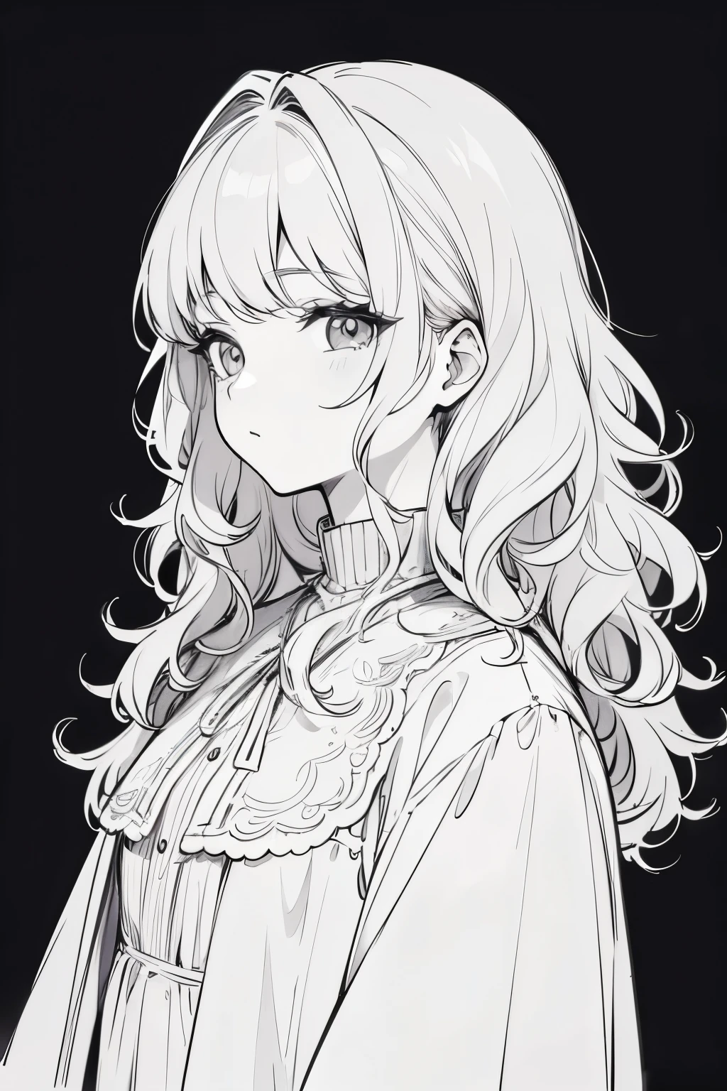 Line art,, masterpiece, highest quality, Super Detail、medium hair,Wavy Hair