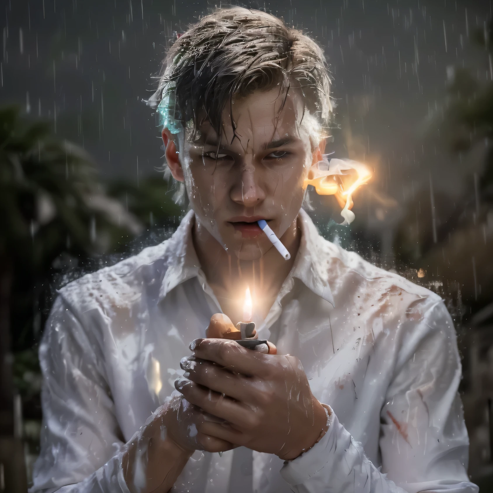 Create a 3D illusion in which a 19 years old boy is the hero, who has killed 4-5 villains due to which his white clothes are completely soaked with blood, and he is holding a cigarette in his mouth with full attitude, and in one hand he is seen lighting a cigarette with a lighter, the boy's face is shining in it, and the other hand is in his pant pocket, and there is light rain. 4k realistic image