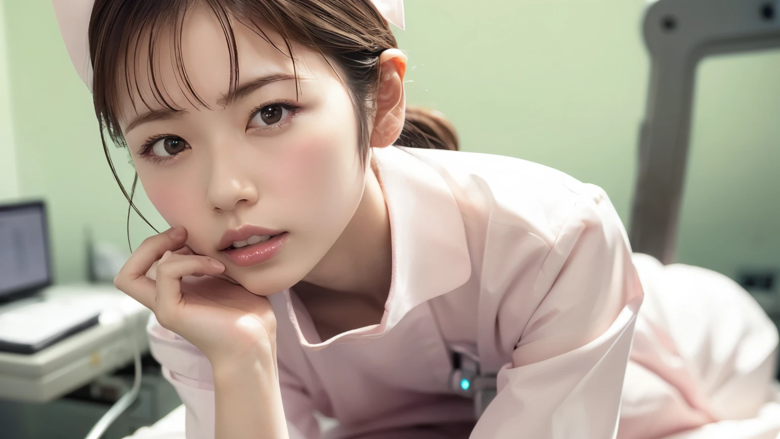 1 girl,(Wearing white nurse clothes:1.2),(RAW Photos, highest quality), (Realistic, photo-Realistic:1.4), masterpiece, Very delicate and beautiful, Very detailed, 2k wallpaper, wonderful, finely, Very detailed CG unity 8k wallpaper, Very detailed, High resolution, Soft Light, Beautiful detailed girl, Very detailed eyes and face, Beautiful and detailed nose, finely beautiful eyes, Perfect Anatomy, Black Hair, nurse uniform, ((nurse cap)), Long skirt, nurse, White costume, thin, hospital, clear, White Uniform, hospital room, Neck auscultation, ((Upper Body))