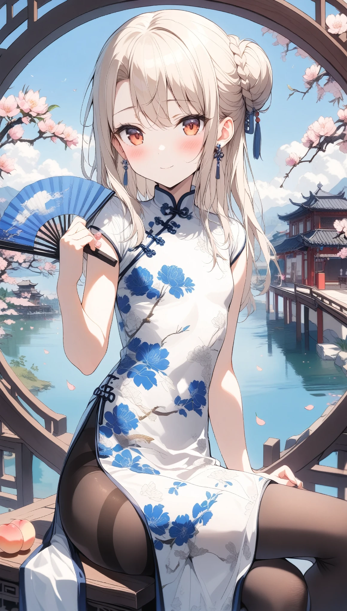 1girl,(illyasviel von einzbern),red_eyes,cream hair,(french braid),smile,blush,flower,beautiful detailed_background,small breasts,butterfly,((blue and white porcelain gorgeous qipao,china dress,chinese clothes,dress),gold trim,floral print,folding fan,jewelry,earrings,explicit,flower,general, hair_ornament,peach blossom,long_hair,looking_at_viewer,pantyhose,paper fan,print dress,solo,thighband pantyhose,questionable,sensitive,solo,tassel,tassel_earrings,(spring),Chinese style architecture, Chinese style, lake, ancient town, beautiful and meticulous water, (Fishing boat), pavilion,steam,Surrounding by falling peach blossoms petals,