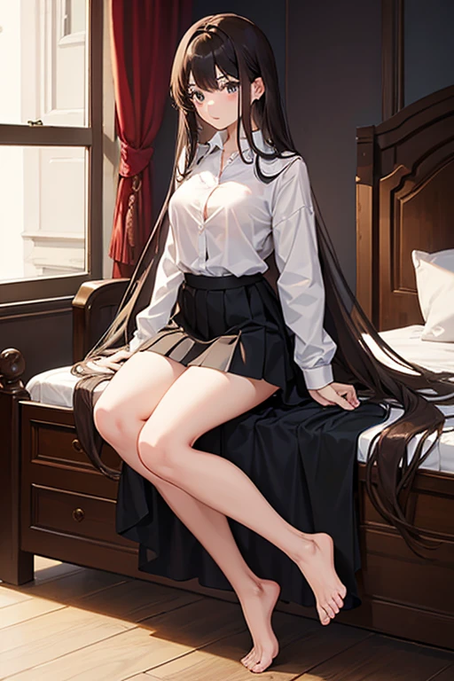 Italian girl, 25 years old, very long brown hair, busty, wearing a small shirt, wearing a black pleated miniskirt, hair covering her breasts, bare feet, bedroom