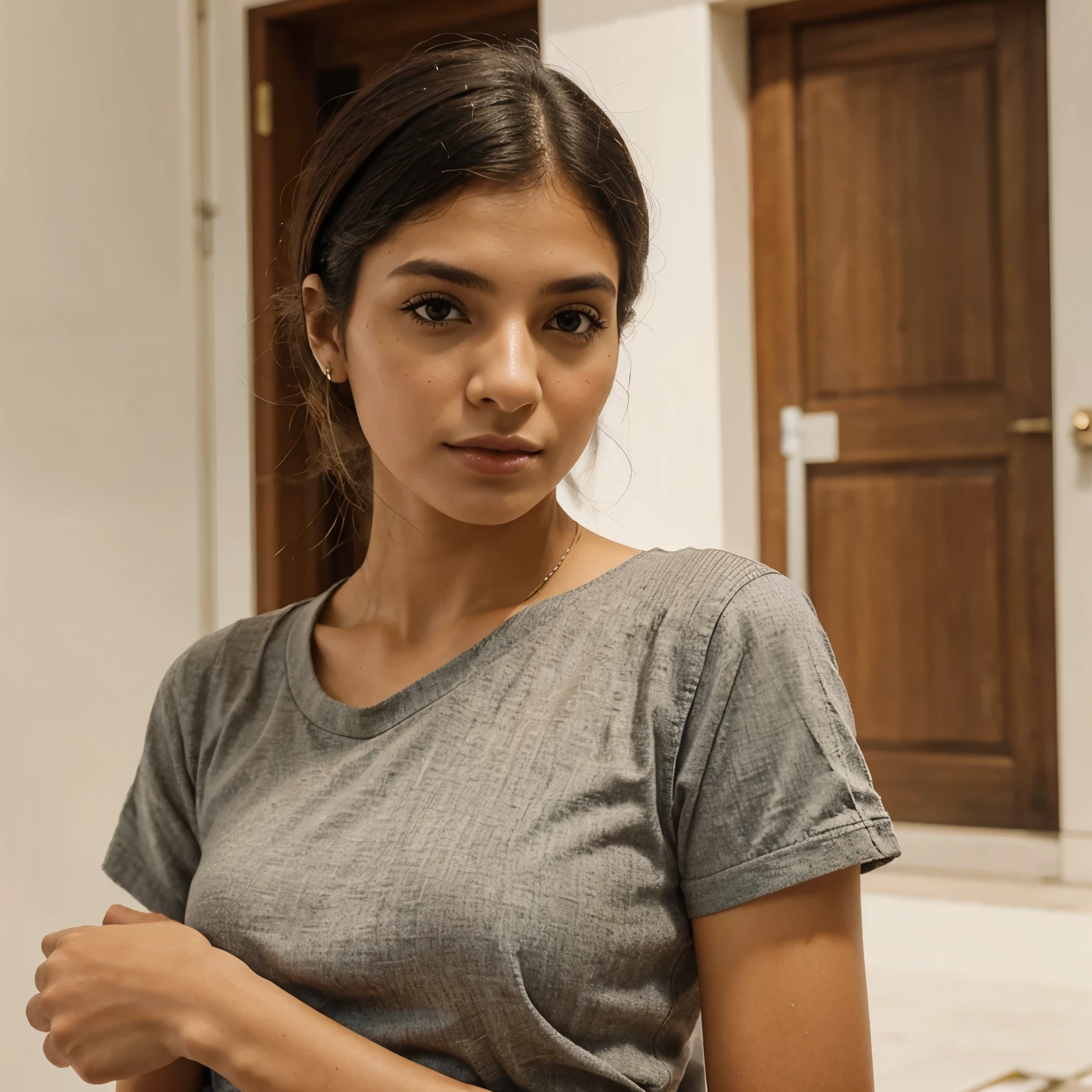 Generate an image of a young indian woman in her 20s with brown and grey shaded hair on black hair, piercing brown eyes, wearing a lab coat, standing amidst cutting-edge technological equipment, exuding determination and curiosity in her expression