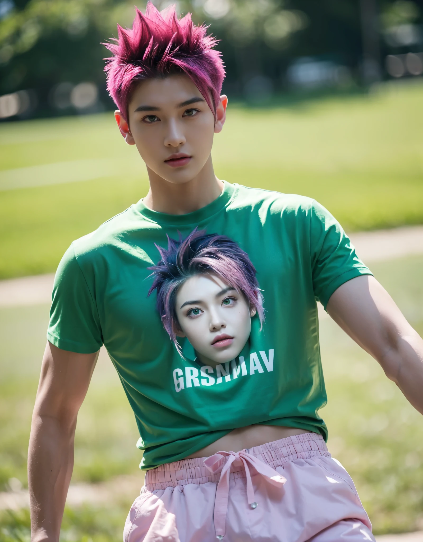 best quality,masterpiece,Extremely detailed,high resolution,4K,ultra high resolution,Detailed shadows,ultra Practical,Practical,Dramatic Lighting,1 boy,Solitary,Delicate face,Practical eyes,Practical skin,green pupils,pink mohawk hair style,Dynamic poses, ((green T-shirt)) ,pink pants