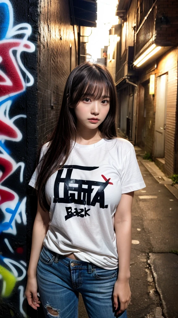 muster piece, best quality, illustration, Super detailed, fine details, High resolution, 8K,wall paper, perfect dynamic composition,(Details High quality, realistic depiction of eyes:1.3),  (Japanese age girl standing in a dirty back alley at night, graffitied wall:1.1), (wearing a tattered and dirty t-shirt.:1.1), Wearing baggy pants, dirty body, black hair color, Big Natural Color Lip,  seductive face, provocative look, crying a little、cold gaze, Harajuku style、(graffiti), night time, 20 year old girl、cute type、loliGravure Idol, full body photo、focus on crotch, (huge breasts)