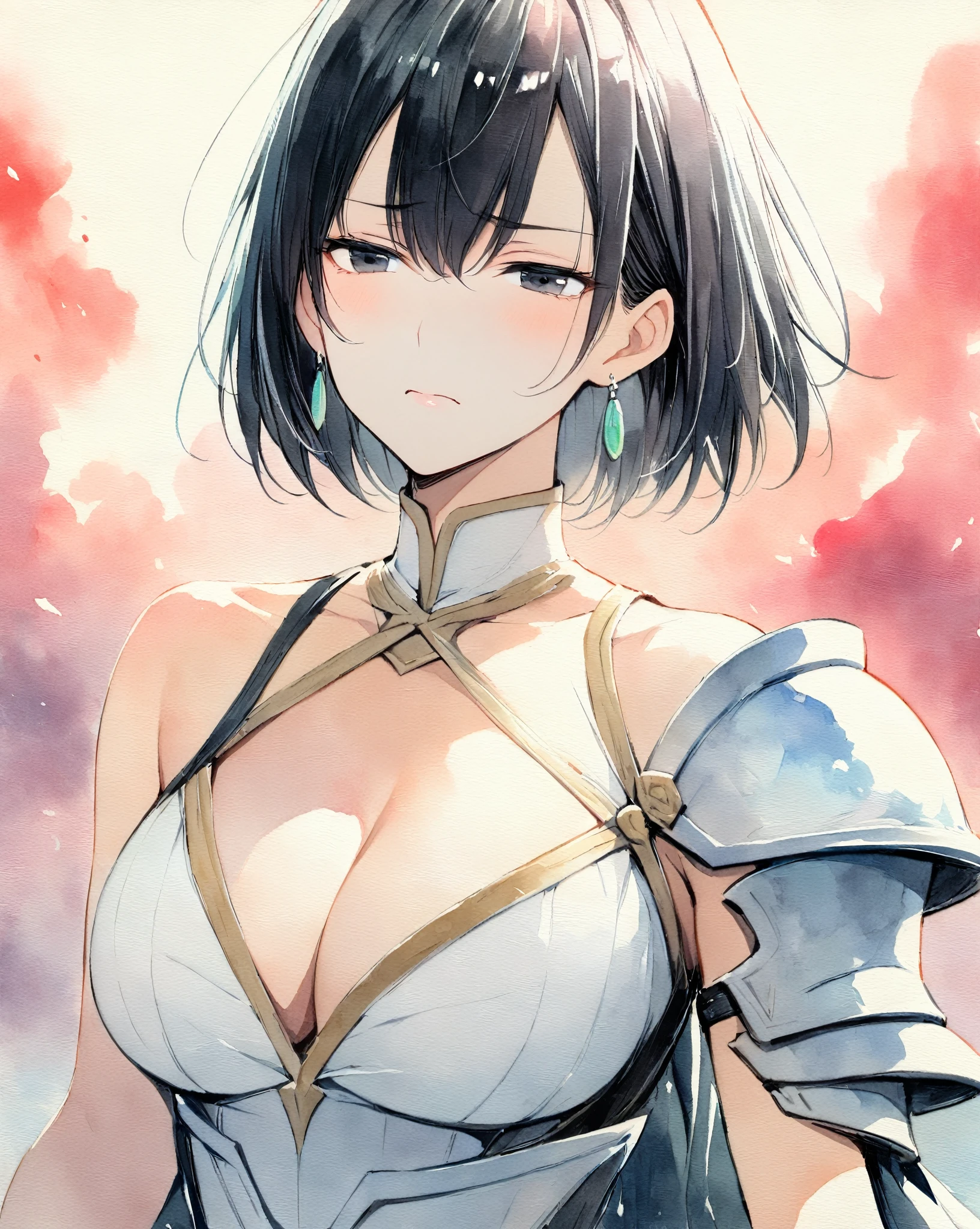 masterpiece, Best quality, watercolor (medium), 1girl, breast, Solitary, short hair, Cleavage, Red and black hair, Black eyes, earrings, Bangs, jewelry, skirt, Bare shoulders, sleeveless, Hair between the eyes, 单Scapula, looking at the audience, large breast, armor, shoulder armor, sleeveless skirt, Upper Body, Single sleeve, white skirt, Scapula, Painful expression