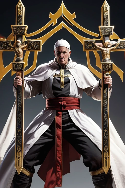 The pope, mortal kombat style , fighter ,crucifix as a weapon
