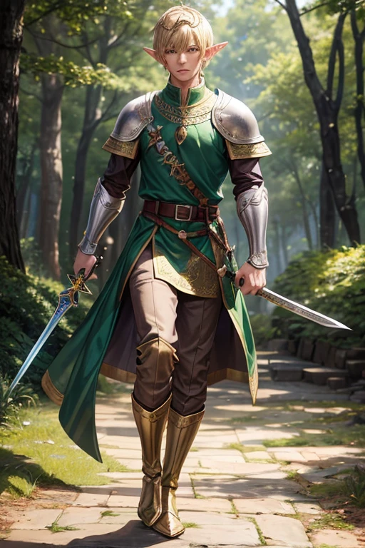 Handsome elf man in his 40s with short blonde hair, short messy hairstyle with fringes, pointed elf ears, purple medieval knight clothing, golden eyes holding a sword in silver armor with golden decorations, wearing a golden crown of green quartz brown boots , brown leather belt, jade ornaments on the forest background with magical symbols