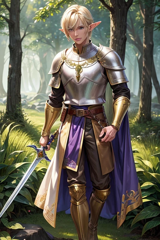 Handsome elf man in his 40s with short blonde hair, short messy hairstyle with fringes, pointed elf ears, purple medieval knight clothing, golden eyes holding a sword in silver armor with golden decorations, wearing a golden crown of green quartz brown boots , brown leather belt, jade ornaments on the forest background with magical symbols