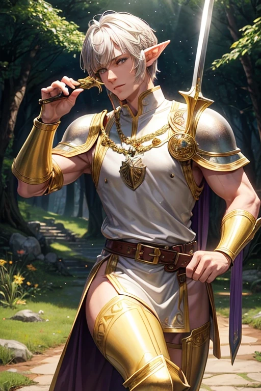 Handsome elf man in his 40s with short blonde hair, short messy hairstyle with fringes, pointed elf ears, purple medieval knight clothing, golden eyes holding a sword in silver armor with golden decorations, wearing a golden crown of green quartz brown boots , brown leather belt, jade ornaments on the forest background with magical symbols
