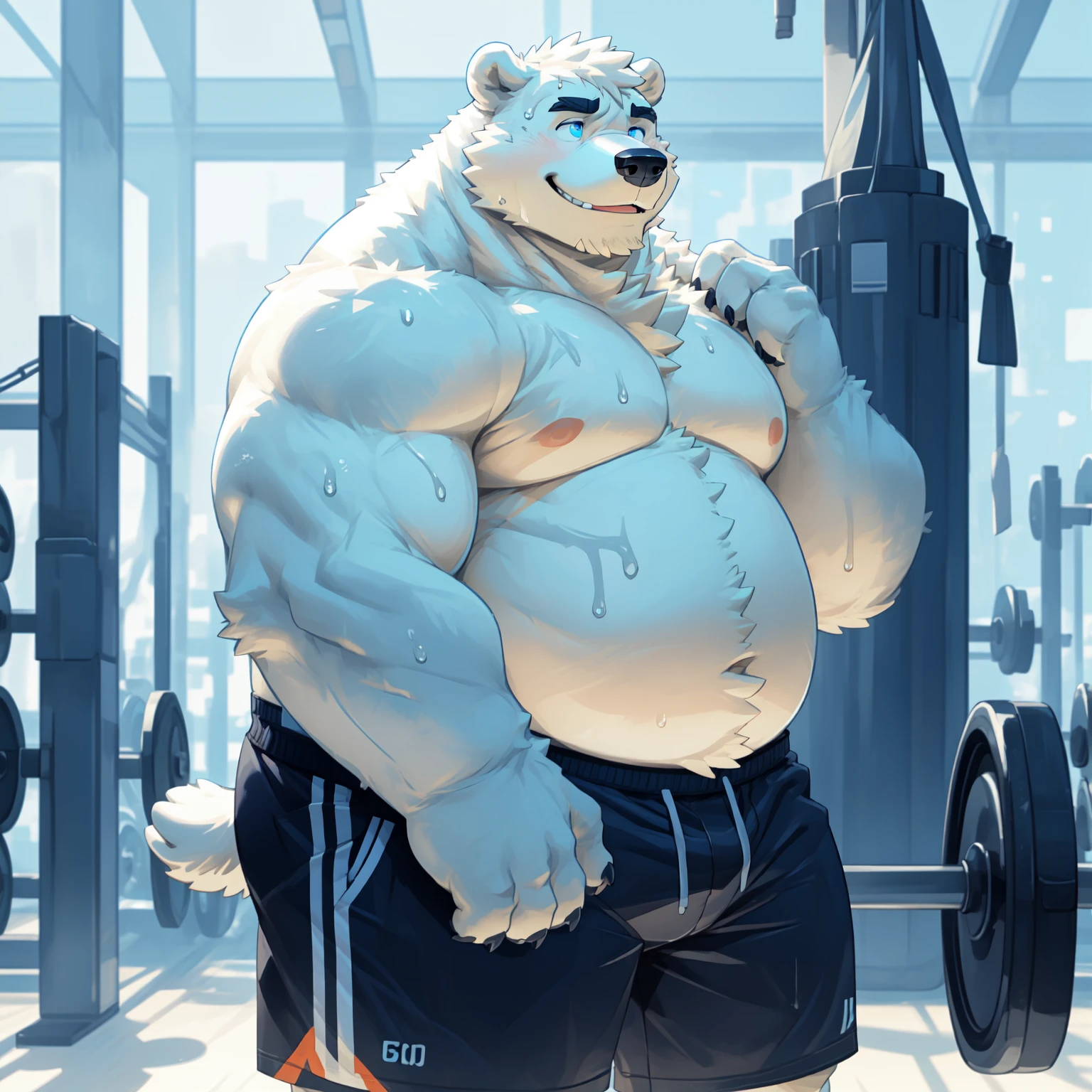 New Jersey 5 Furry,polar bear,portrait,standing solo,Exquisite, Chubby,Fat,Thick arms,Rugged muscles,Topless,White plush fur,Chubby脸,Black eyebrows,Sky blue eyes,Beard,Gym,shorts,Sweating,Smile