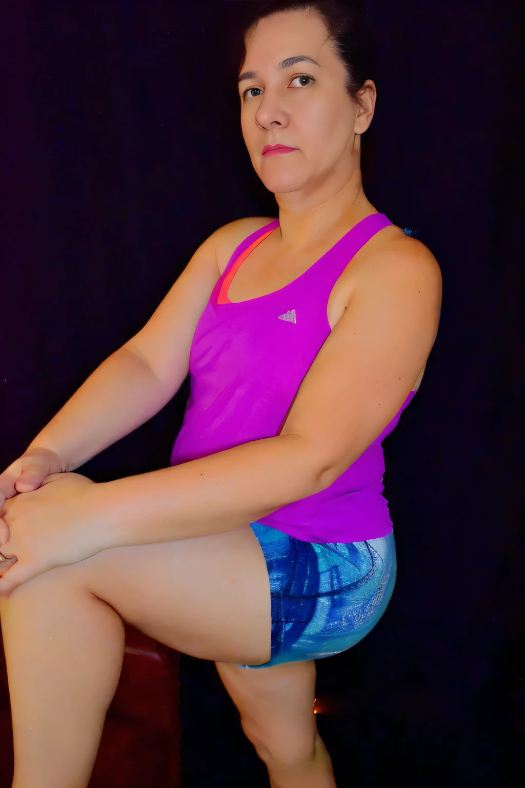 there is a woman sitting on a stool with her legs crossed, squatting pose, sitting on bent knees, seductive seated pose, sitting dynamic pose, leg and hip shot, meditative sacral pose, forward facing pose, arms to side, bendover posture, insectile forearms folded, stoic pose, sitting cross-legged, armfold pose!