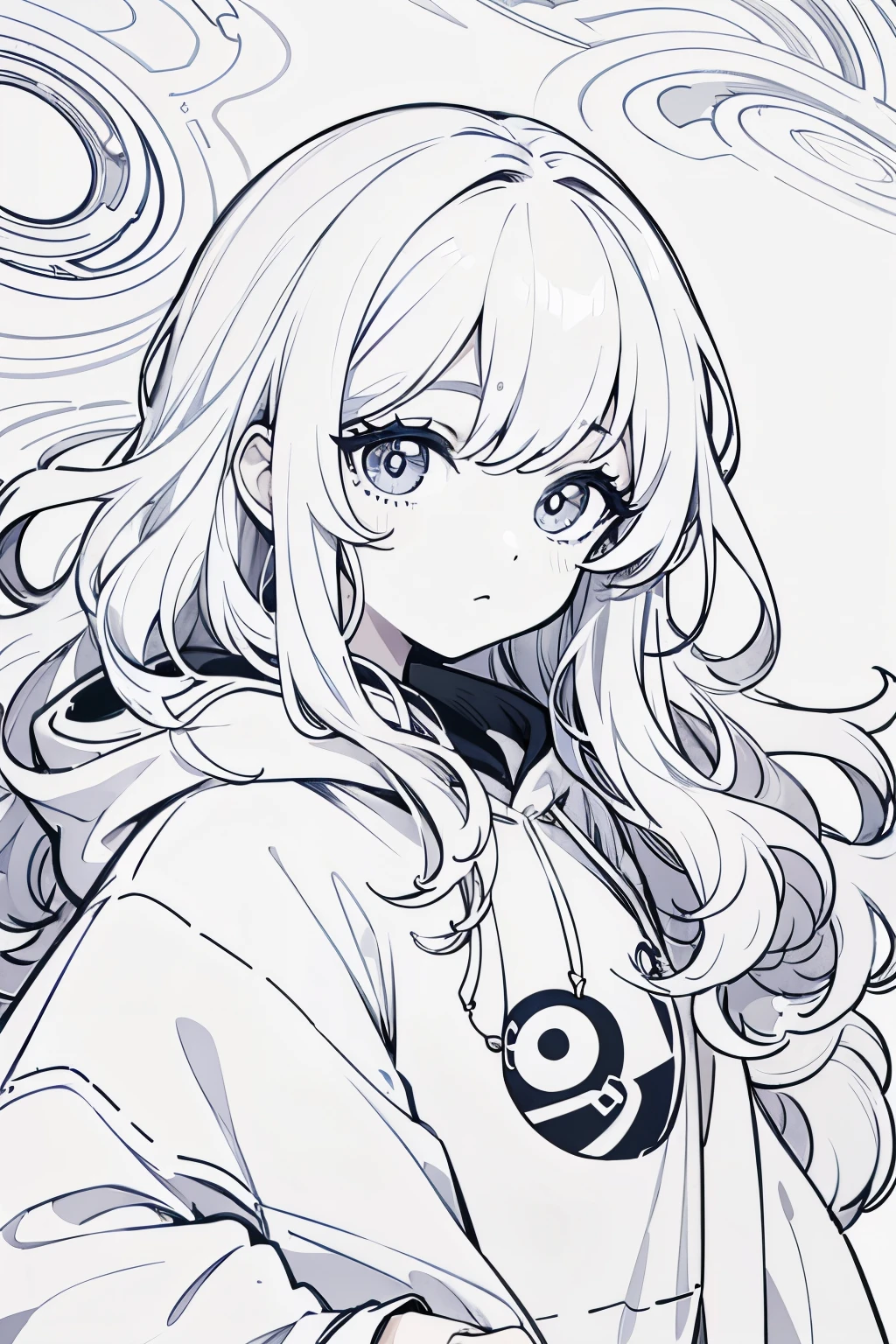 Line art,, masterpiece, highest quality, Super Detail、SupportHair,Wavy Hair、Oversized hoodie