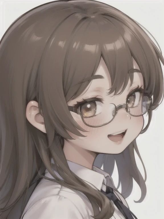 1 girl, (One:1.1), (I look at the viewer, portrait:1.1), (shaggy slightly wavy brown hair, Light brown hair:1.1), (medium length hair:1.2), (Wavy hair:1.2), Brown eyes, (smile:1.2), glasses with lenses, White background, (from the outside, open mouth)