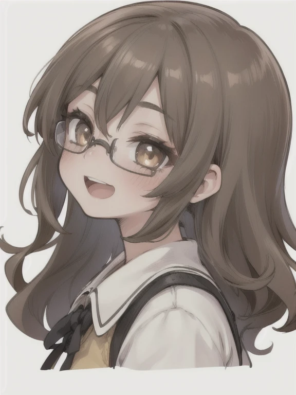 1 girl, (One:1.1), (I look at the viewer, portrait:1.1), (shaggy slightly wavy brown hair, Light brown hair:1.1), (medium length hair:1.2), (Wavy hair:1.2), Brown eyes, (smile:1.2), glasses with lenses, White background, (from the outside, open mouth)