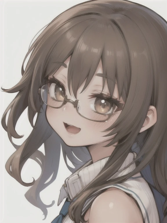 1 girl, (One:1.1), (I look at the viewer, portrait:1.1), (shaggy slightly wavy brown hair, Light brown hair:1.1), (medium length hair:1.2), (Wavy hair:1.2), Brown eyes, (smile:1.2), glasses with lenses, White background, (from the outside, open mouth)