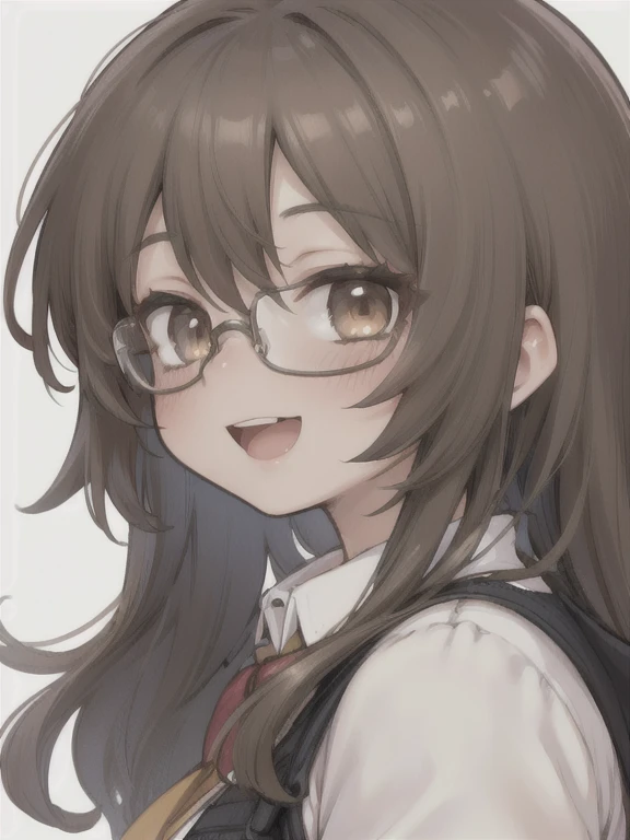 1 girl, (One:1.1), (I look at the viewer, portrait:1.1), (shaggy slightly wavy brown hair, Light brown hair:1.1), (medium length hair:1.2), (Wavy hair:1.2), Brown eyes, (smile:1.2), glasses with lenses, White background, (from the outside, open mouth)