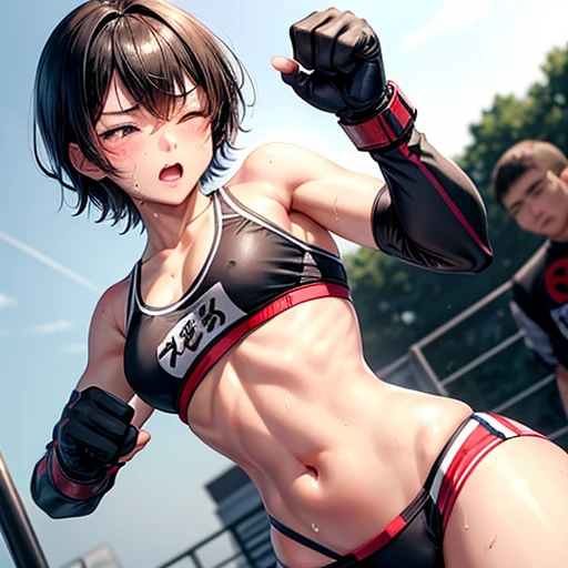 Small breasts. Cute Japanese high school girl with short-cut black hair. She is competing in a mixed martial arts ring. She is down. She is in pain. Very sweaty, short of breath, one eye closed, out of stamina, slender body, poor body, poor belly, sports bra, bikini shorts, open finger gloves.