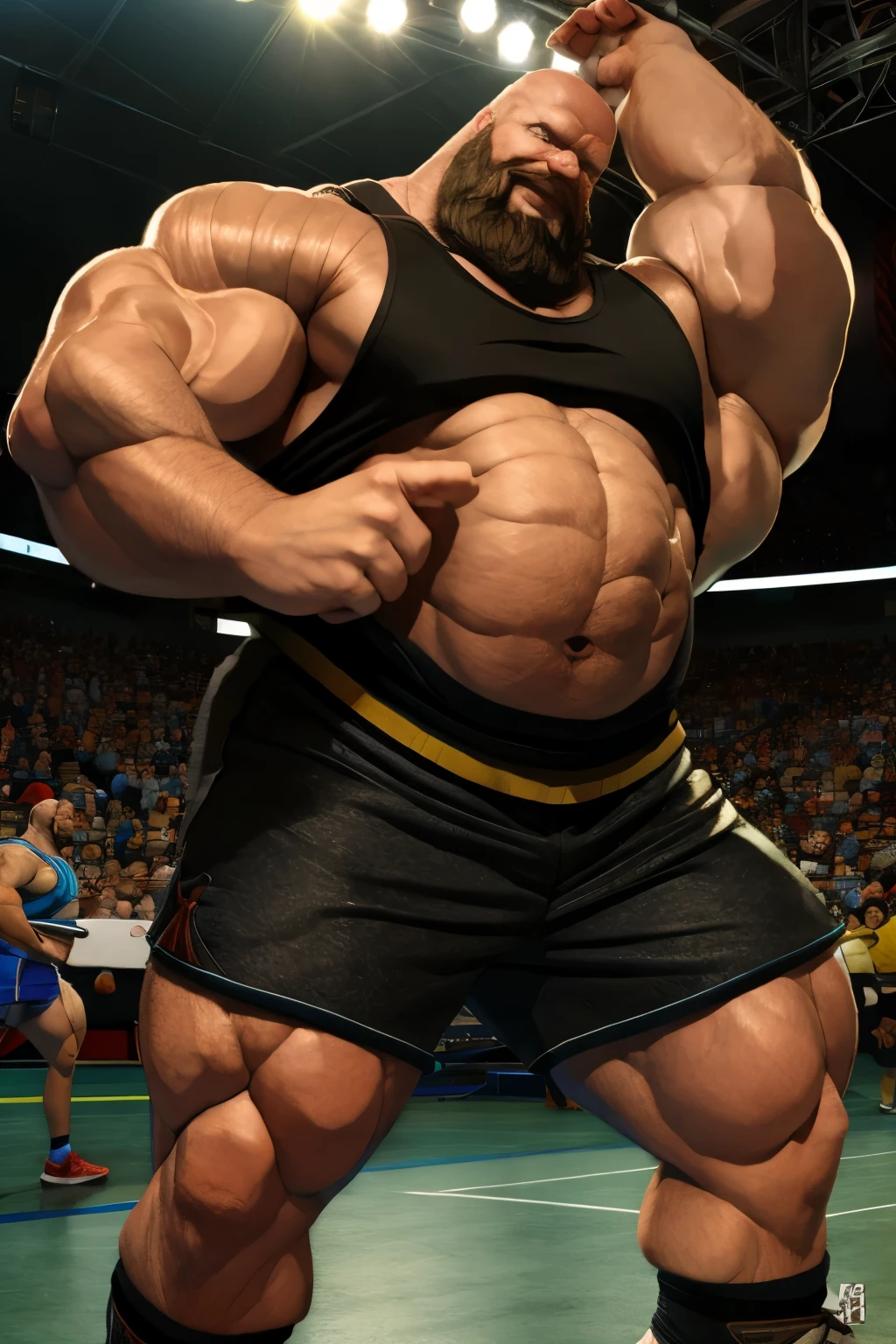 a very muscular bald and bearded wrestler, looks like Zangief, thick arm, huge arm, bald and beard, bearded, muscular, pectoral, wide pectoral, realistic, 8k, masterpiece, (wearing shorts and tank top, trainers)