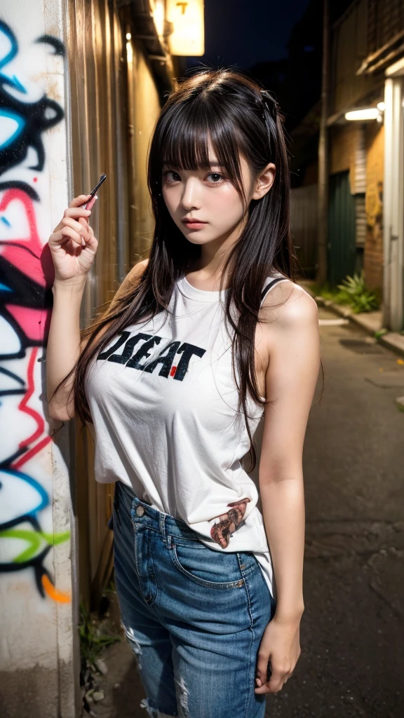 muster piece, best quality, illustration, Super detailed, fine details, High resolution, 8K,wall paper, perfect dynamic composition,(Details High quality, realistic depiction of eyes:1.3), (Japanese teenage girl standing in a dirty back alley at night, graffitied wall:1.1), (wearing a tattered and dirty t-shirt.:1.1), Wearing baggy pants, dirty body, black hair color, Big Natural Color Lip, seductive face, provocative look, crying a little、cold gaze, Harajuku style、(graffiti), night time, 20 year old girl、cute type、lolita, Gravure Idol, full body photo、focus on crotch, (huge breasts)