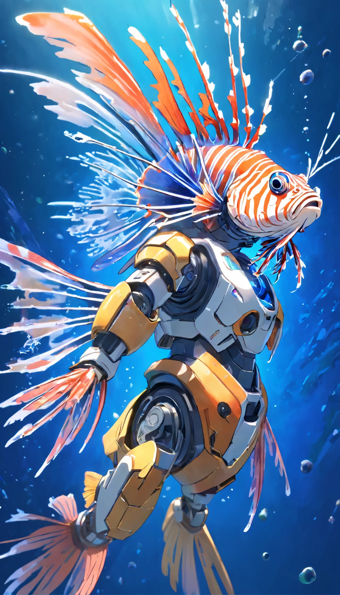 (A cybermecha lionfish with a sense of transparency:1.5), (Cyber Mecha Lionfish:1.5), (extremely detailed CG unity 16k wallpaper:1.1), (Denoising strength: 1.45), (tmasterpiece:1.37), (Full body posing:1.4:), whole-length, Dynamic angle, starry sky, lifelike texture, side lighting, sparkle, glowing light, ray tracing, ((masterpiece)), (masterpiece), best quality, UHD