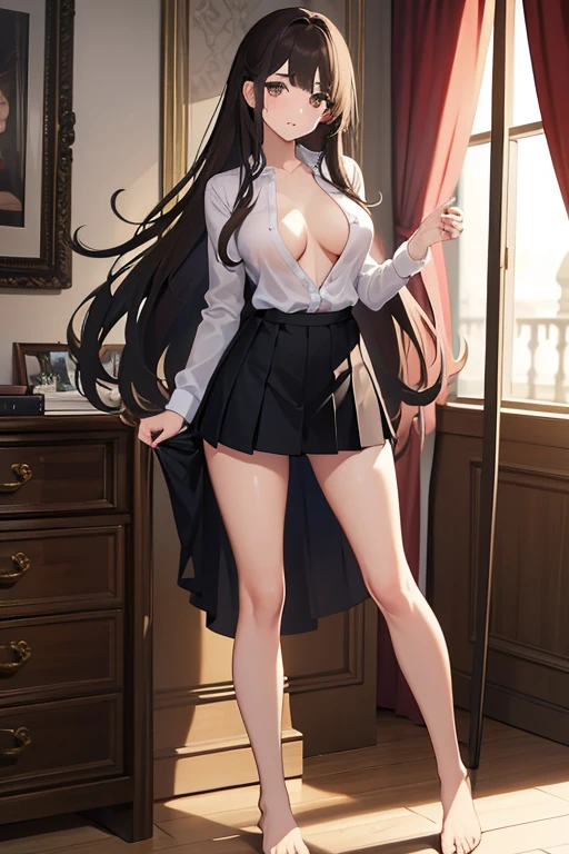 Italian girl, 25 years old, very long loose brown hair, busty, wearing a small unbuttoned shirt, wearing a black pleated miniskirt, hair covering her breasts, bare feet, bedroom