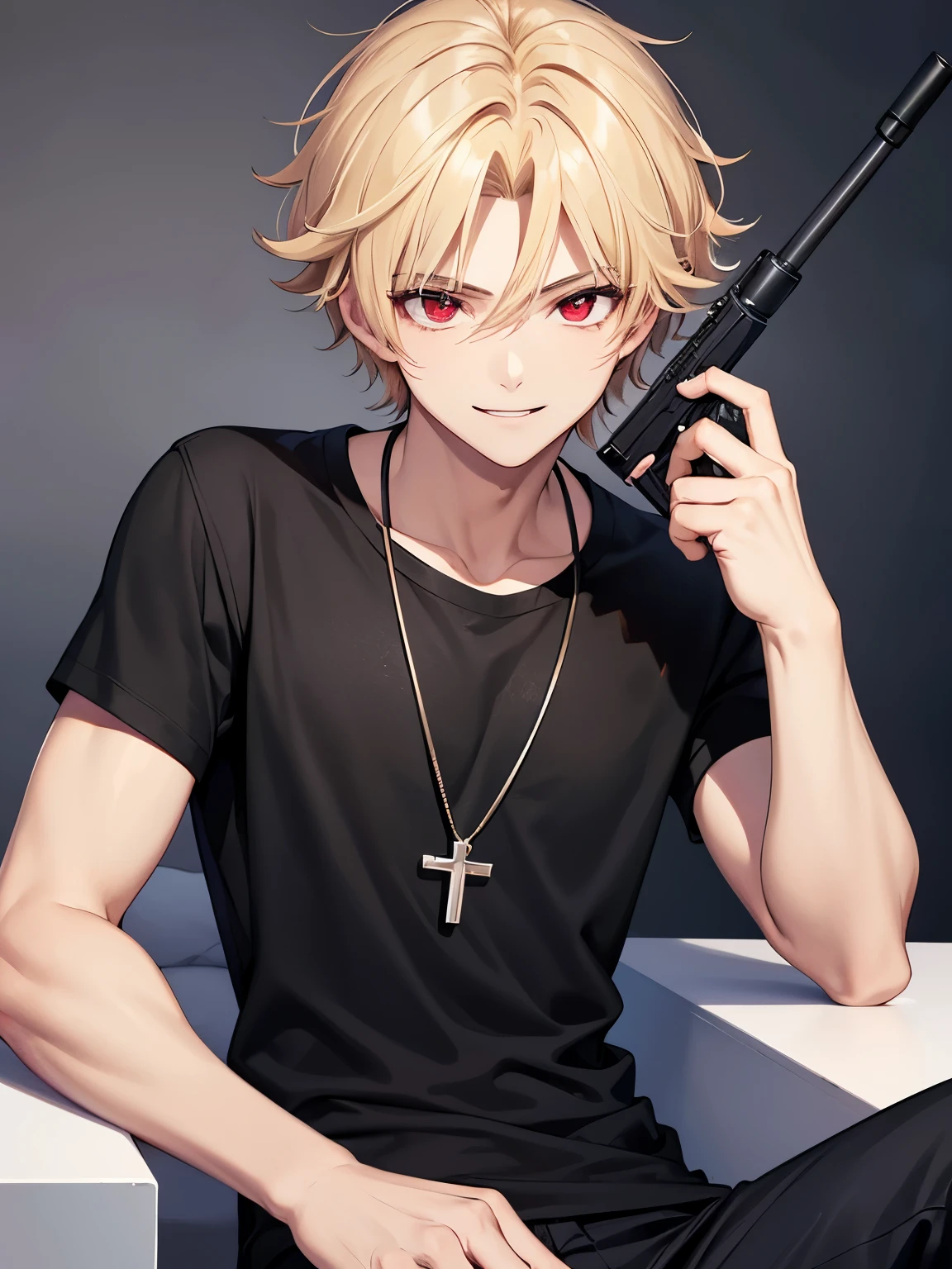 1boy,handsome,18 years old,holding sniper,sitting, smile, Holding a gun,aim to viewer,aim to viewer,,Perfect face, HD face, ultra detailed face, short hair, blonde hair, messy hair, bright red eyes red eyes,vampire, black t-shirt,black t-shirt,plain t-shirt,short sleeve t-shirt, black trousers, cross necklace,ultra detailed, ultra HD