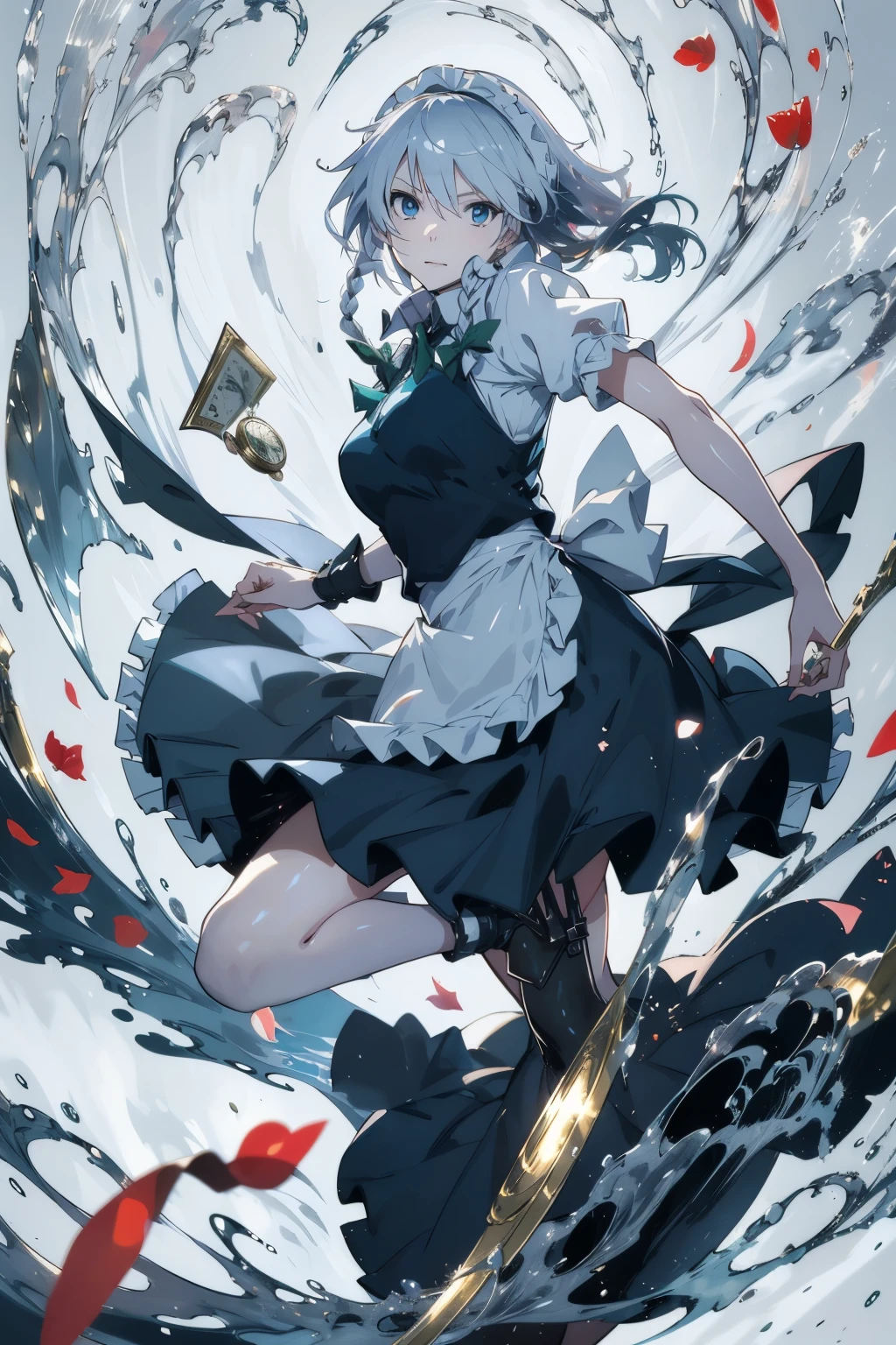 masterpiece, best quality, illustration, 1girl, solo, Izayoi Sakuya, (white short hair), maid headband, sharp eyes, (vivid color), light, thick smoke:1.6, (floating white ink:1.8), Cyan flame, (beautiful and clear background:1.25), (depth of field:0.7), Dreamlike, (highres:1.2), (ultra-detailed:1.2), (extremely detailed CG unity 8k wallpaper:1.2), (traditional media), (sketch:1.1), finely detailed beautiful eyes and detailed face, Knives, (flying petals:1.2), (knives in right hand and pocket watch in left hand:1.2), Knifefight, dynamic colors, colorful, dynamic pose, dynamic angle, (full body:1.3), Touhou, knife, holding Knives, izayoi sakuya, medium breasts, (detailed eyes), cute, beauty, HDR, 4K, nier anime style, harmony, fighting stance, izayoi sakuya