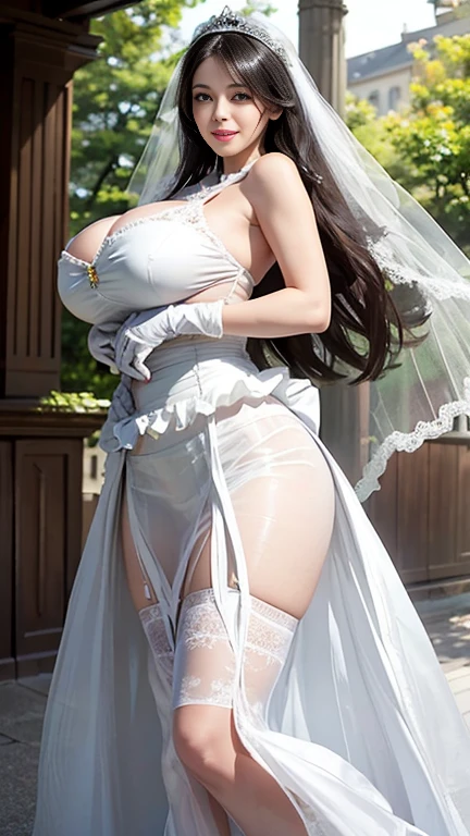 best quality, masterpiece, standing, 1 woman, looking at viewer, smiling, 25 years old cute woman, shiny lips, brush, sweet, sun glare, super soft thin and frilly textured wedding dress, white gloves, (wedding veil:1.2), white lace stockings, (sheer long skirt:1.5), white garter belt, depth of field, blurred background, cathedral background, light particles, strong wind, head tilt, oppai, gigantic cleavage,(((extremely huge breasts))), large breasts size, japanese goddess, sexy girl, sfw huge breasts, covered sfw huge breasts, angelawhite, big breasts, with large breasts, breasts covered and sfw, really large bust, busty, large breasts, gigantic breasts, buxom chested, with a large breasts