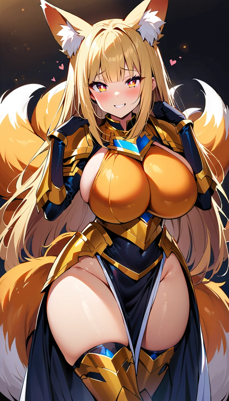 blonde hair, french braid, hair behind ear, hime cut, very long hair, heart-shaped pupils, animal ears, fox ears,"long orange fox ears with black tips", covering ears, kemonomimi mode, smiling ,tail emanating(9 tails fox),huge tits, large hips,fully clothed,skin covered with armor, golden armor, no nswf, high detail, depth of field, masterpiece, anatomically correct, high quality, award winning