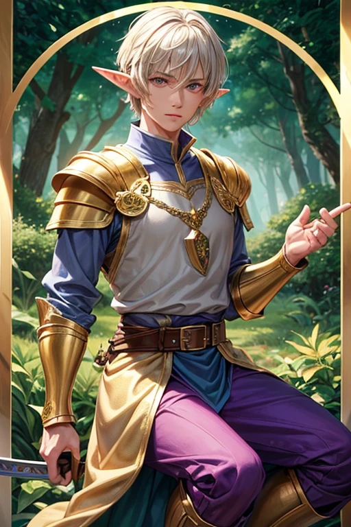 Handsome elf man in his 40s with short blonde hair, short messy hairstyle with fringes, pointed elf ears, purple medieval knight clothing, golden eyes holding a sword in silver armor with golden decorations, wearing a golden crown of green quartz brown boots , brown leather belt, jade ornaments on the forest background with magical symbols