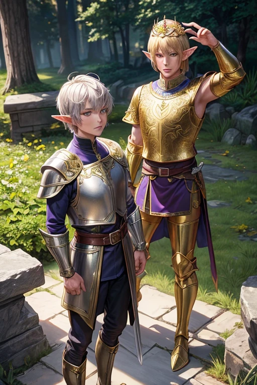 Handsome elf man in his 40s with short blonde hair, short messy hairstyle with fringes, pointed elf ears, purple medieval knight clothing, golden eyes holding a sword in silver armor with golden decorations, wearing a golden crown of green quartz brown boots , brown leather belt, jade ornaments on the forest background with magical symbols