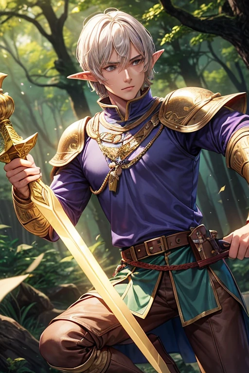 Handsome elf man in his 40s with short blonde hair, short messy hairstyle with fringes, pointed elf ears, purple medieval knight clothing, golden eyes holding a sword in silver armor with golden decorations, wearing a golden crown of green quartz brown boots , brown leather belt, jade ornaments on the forest background with magical symbols