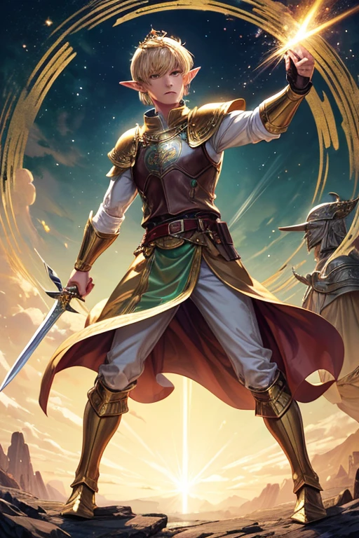 Handsome elf man in his 40s with short blonde hair, short messy hairstyle with fringes, pointed elf ears, purple medieval knight clothing, golden eyes holding a sword in silver armor with golden decorations, wearing a golden crown of green quartz brown boots , brown leather belt, jade ornaments on the forest background with magical symbols