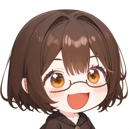 smile,open mouth,chibi,1 girl, shaggy slightly wavy medium length brown hair, Brown eyes, glasses with lenses, Aesthetically pleasing  