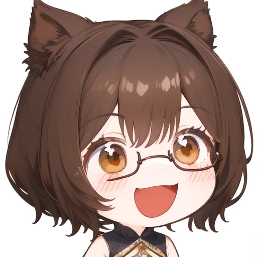 smile,open mouth,chibi,1 girl, shaggy slightly wavy medium length brown hair, Brown eyes, glasses with lenses, Aesthetically pleasing  