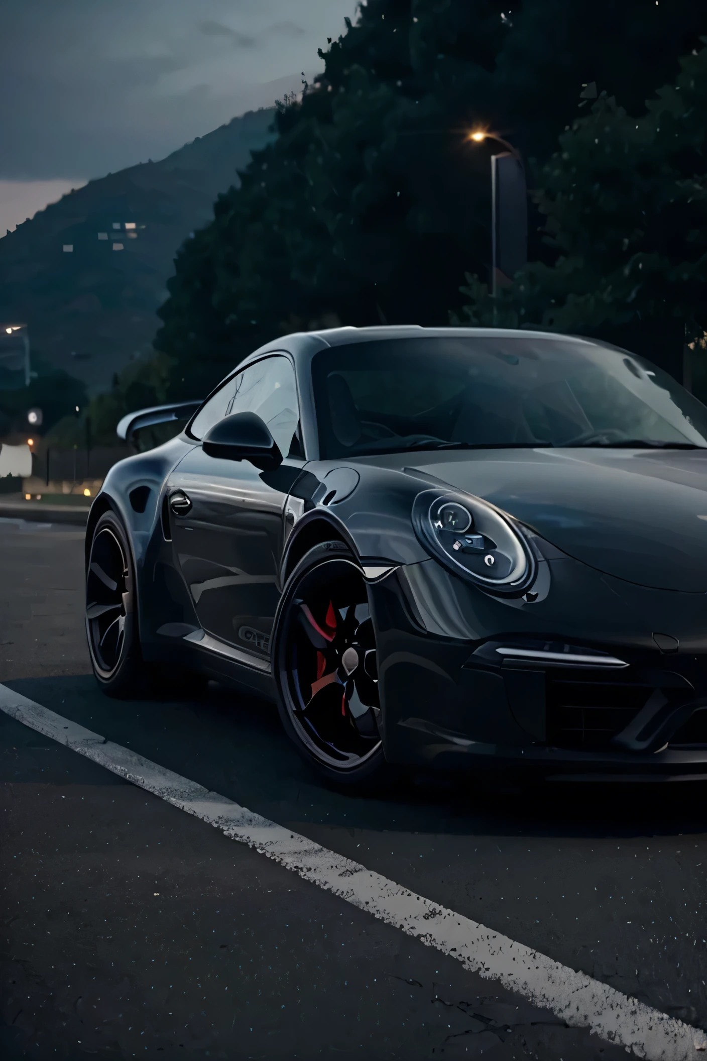 (a luxurious Porsche 911), sports body kit, black, forged wheels, cyberpunk style, twilight, (best quality:1.2), 4K, realistic, full view of the car in the frame, side view