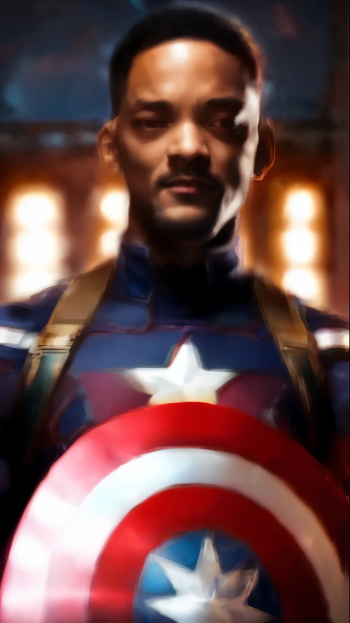 . .Tarantino style Will Smith as Captain America 8k, high definition, detailed face, detailed face, detailed eyes, detailed suit, in style of marvel and dc, hyper-realistic, + cinematic shot + dynamic composition, incredibly detailed, sharpen, details + superb details + evening with light + perfectionism + award winning realism ((moody lighting))